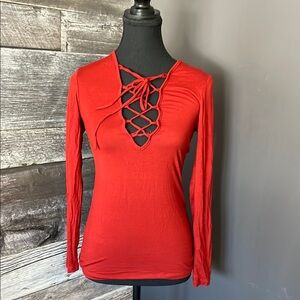 Red Lace-Up Long Sleeve Top